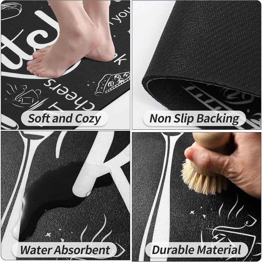 Kitchen Mats for Floor, Non Slip Washable Kitchen Rugs Sets of 3, Black Farmhouse Cushioned Stain Resistant - silverfoxgoods